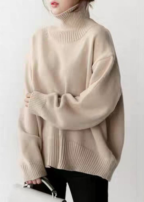 Simple Beige Turtleneck Knitted Cotton Sweaters Winter