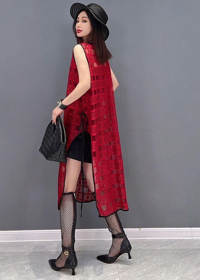Style Red O-neck Side Open Plaid Chiffon Long Dress Sleeveless