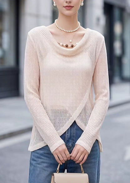Beige Hollow Out Polyester Tops Spring