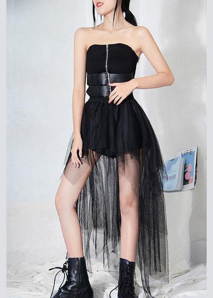 Black Breast Wrapping + Tulle Asymmetrical Design Skirt Two Piece Set