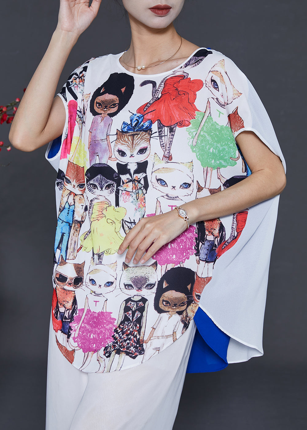 White Print Chiffon Fake Two Piece Tops Summer