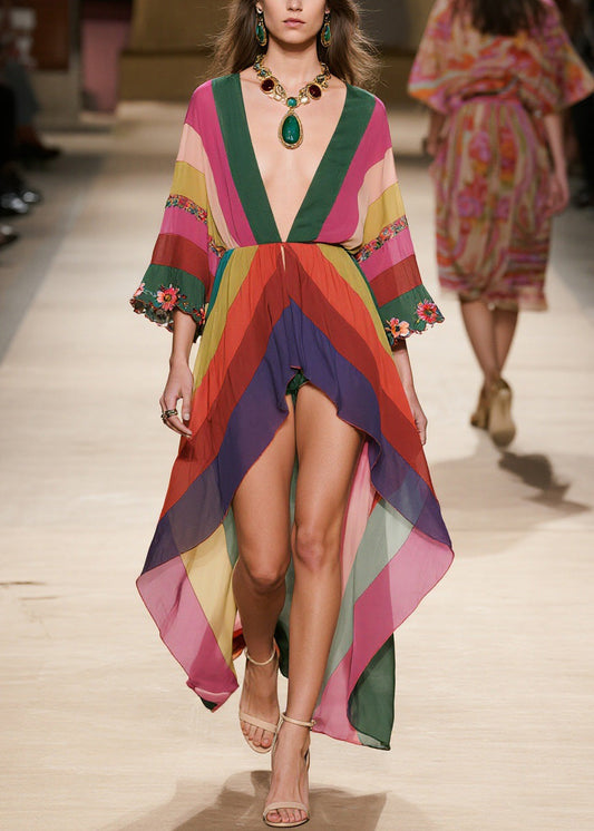 Stylish V Neck Low High Design Chiffon Dresses Summer