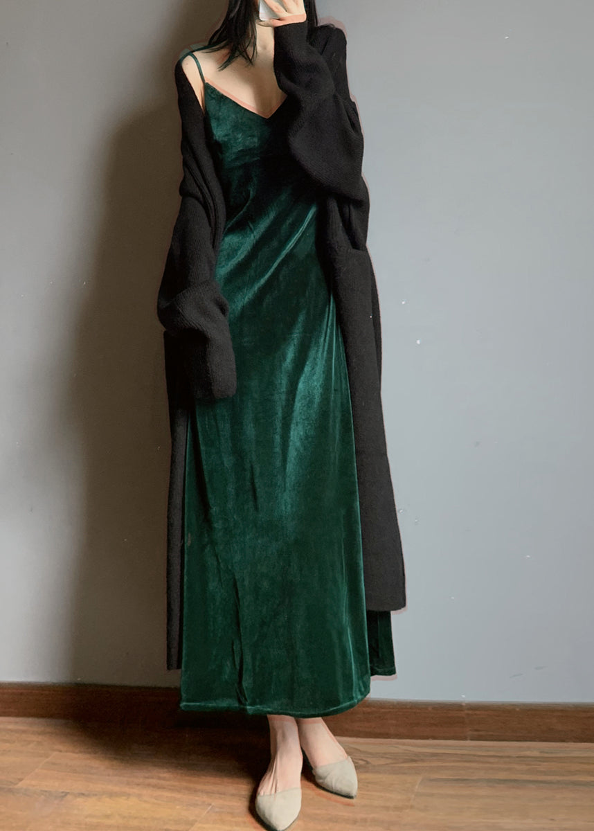 Green V Neck Velour Spaghetti Strap Dress Fall