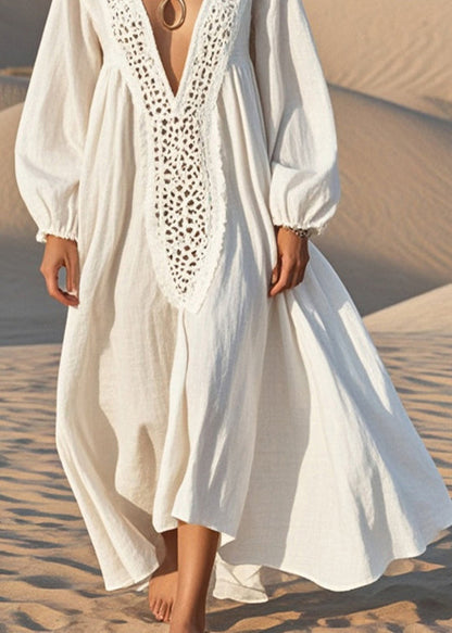 Unique White Oversized Hollow Out Cotton Maxi Dress Spring
