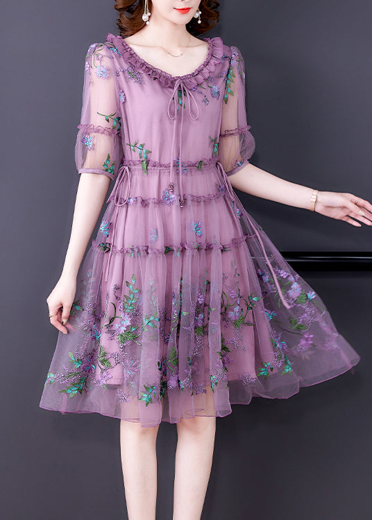 Purple Ruffled Tulle Patchwork Chiffon a Line Dress Half Sleeve