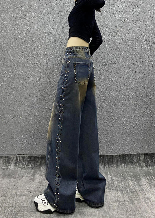 Blue Pockets Rivet High Waist Denim Wide Leg Pants Fall