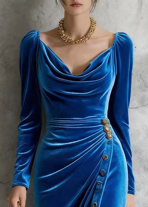 French Blue Square Collar Button Silk Velvet Long Dress Spring