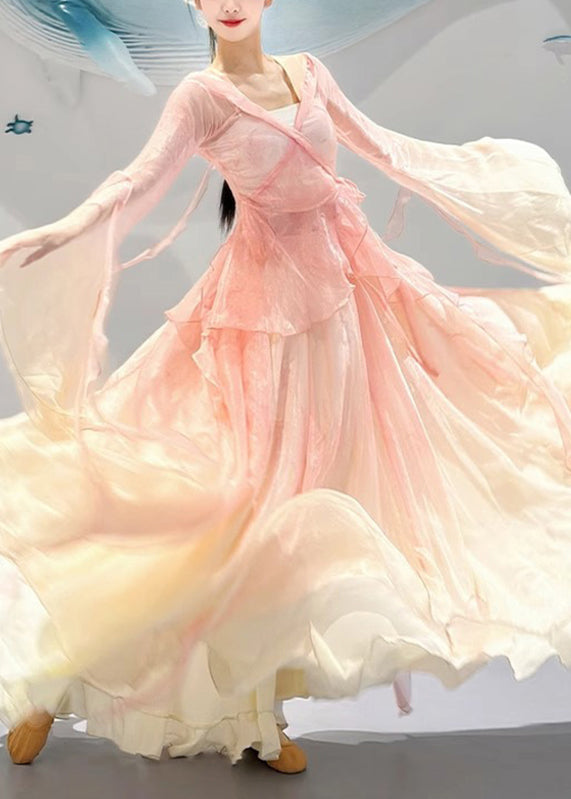 Gradient Color Pink V Neck Silk Top and Maxi Skirts Two Pieces Set Flare Sleeve