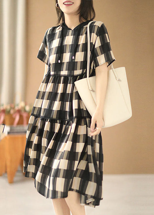 Black Beige Plaid Drawstring Hooded Patchwork Cotton Pullover Dress Short Sleeve