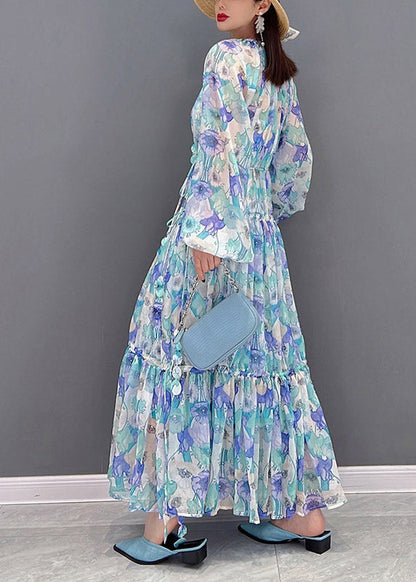 O-neck Drawstring Wrinkled Print Chiffon Long Dresses Lantern Sleeve