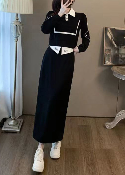 Black Peter Pan Collar High Waist Cotton Two Pieces Set Spring