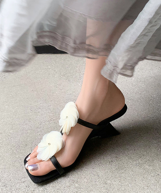 Black Cowhide Leather Splicing Wedge Heel Slide Sandals Peep Toe