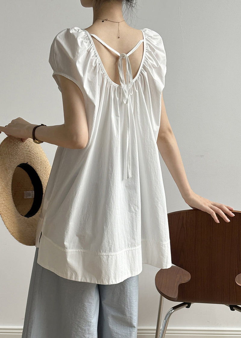 Red O Neck Lace Up Loose Cotton Top Summer