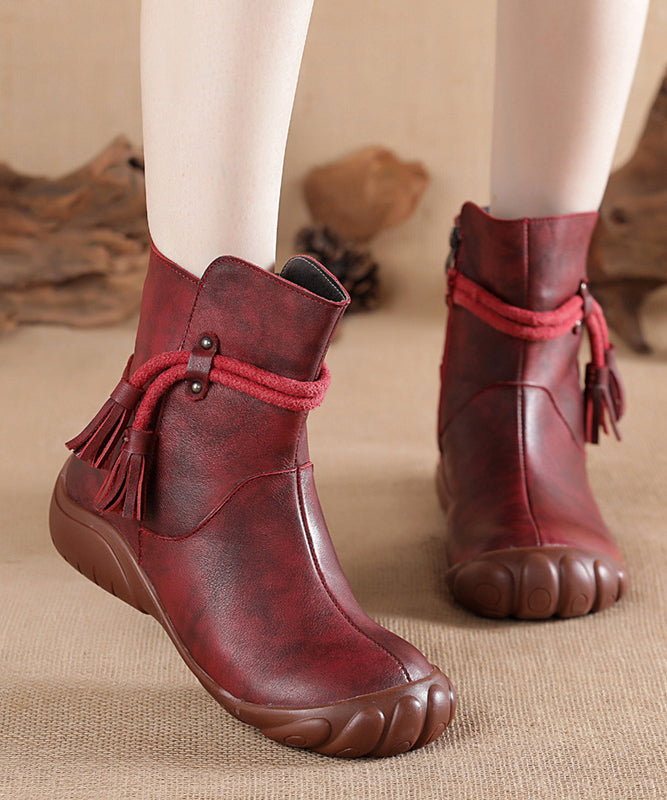 Black Cowhide Leather Comfortable Tassel Splicing Retro Boots