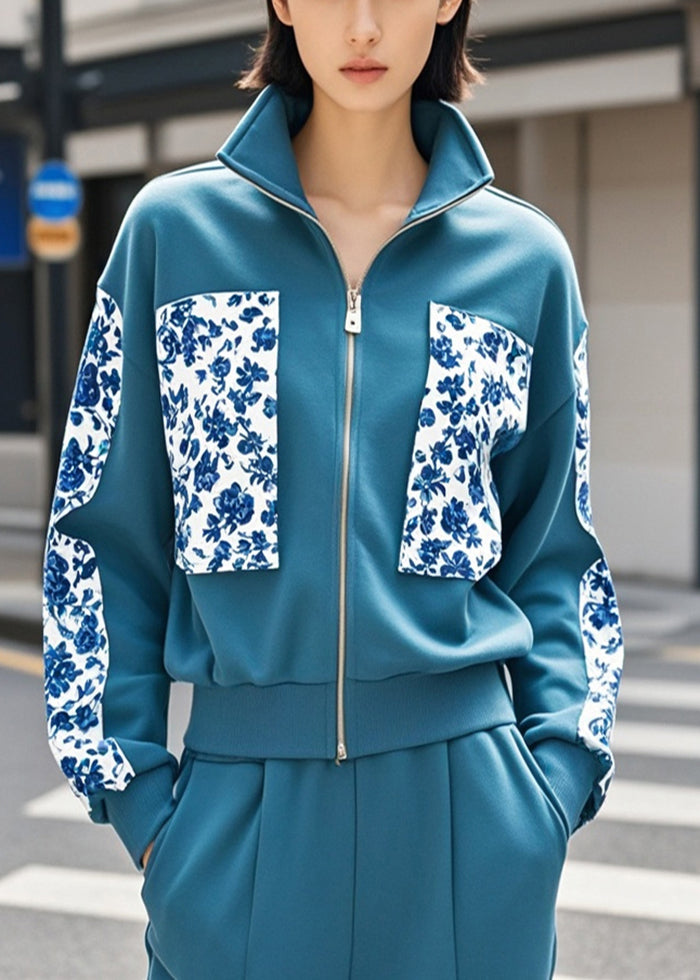 Navy Print Patchwork Cotton Jacket Fall