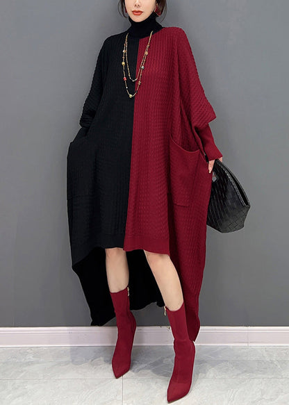 Red Black Hign Neck Asymmetrical Patchwork Knit Dresses Batwing Sleeve