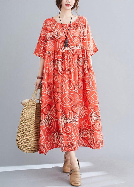 Red Oversized Print Exra Large Hem Cotton Dresses Summer
