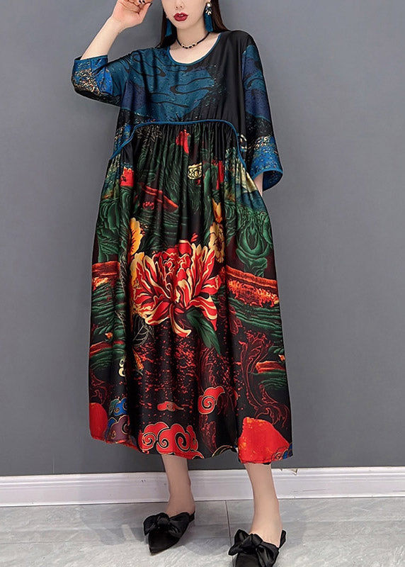 Cyan O-neck Print Silk Dress Three Quarter Sleeve