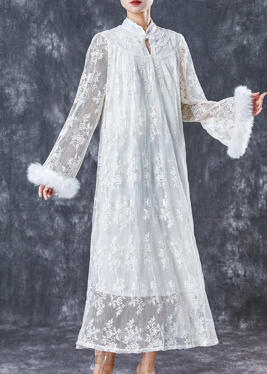 White Embroidered Patchwork Mink Hair Lace Dresses Spring