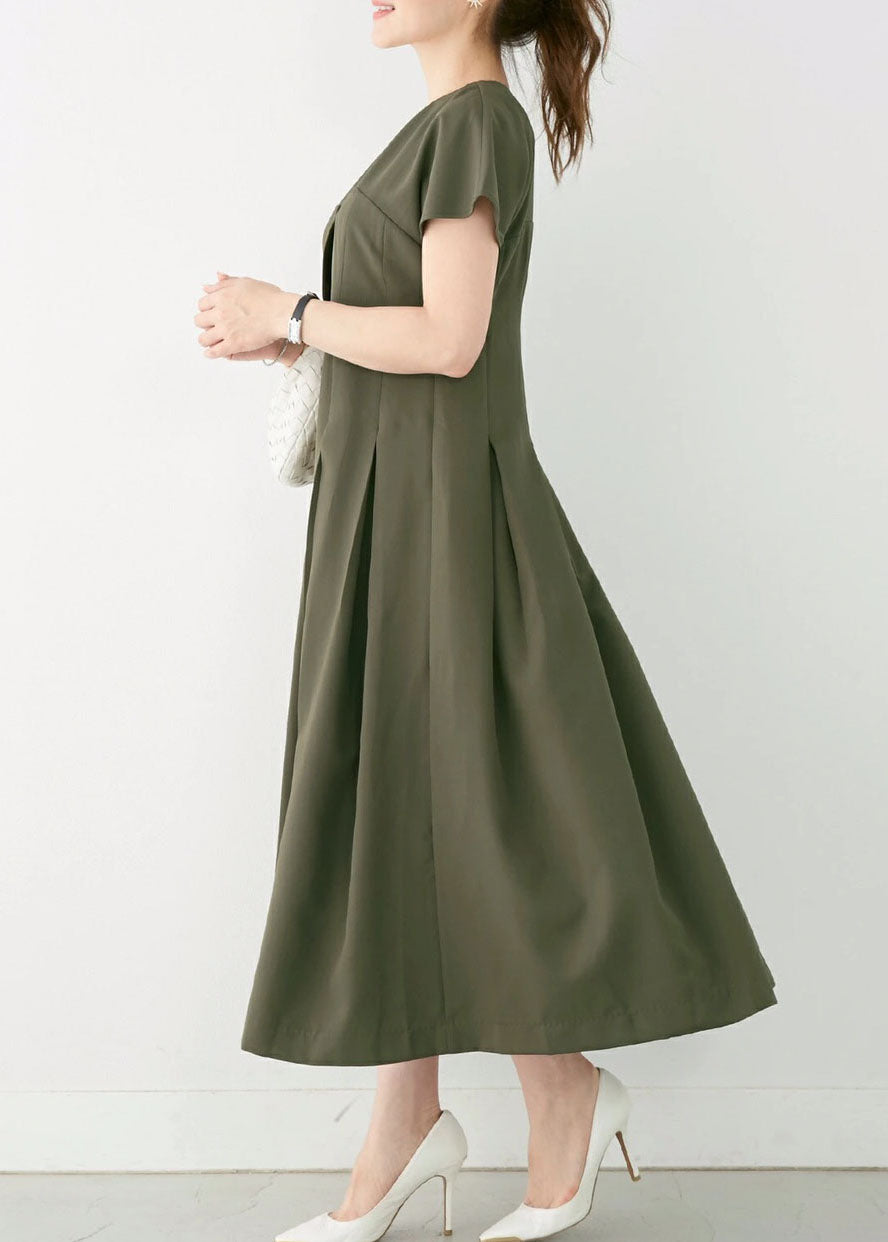 Green V Neck Patchwork Wrinkled Cotton Dress Summer
