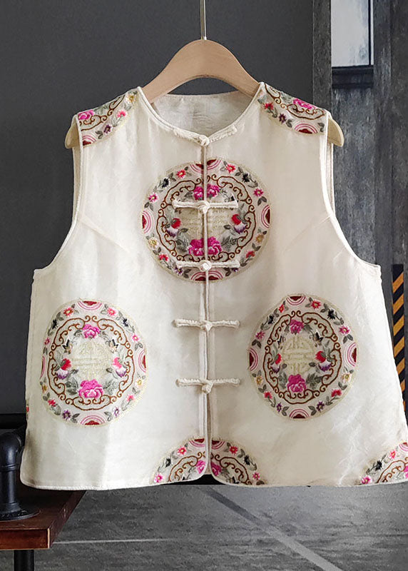 White Embroideried Patchwork Silk Vest Sleeveless