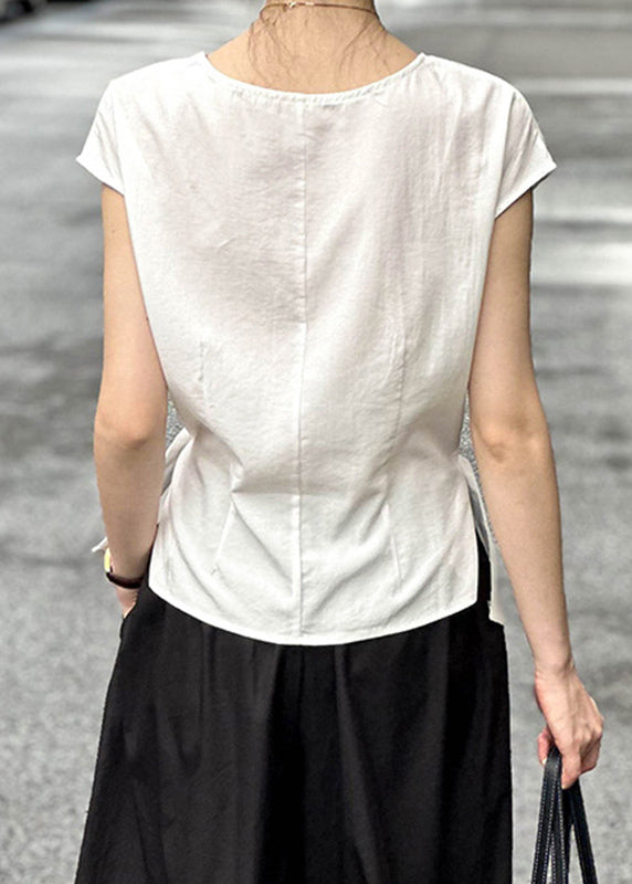 White Patchwork Button T Shirt Short Sleeve