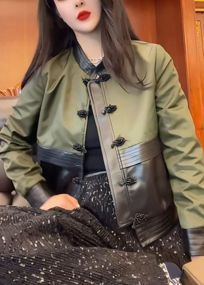 Green O-neck Patchwork Button Leather Jacket Fall