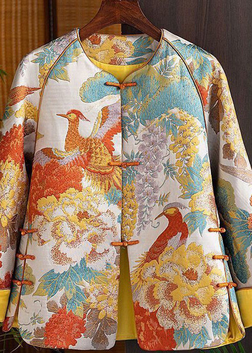 Chinese Style Yellow Embroidered Oriental Button Spliced Silk Coat Autumn