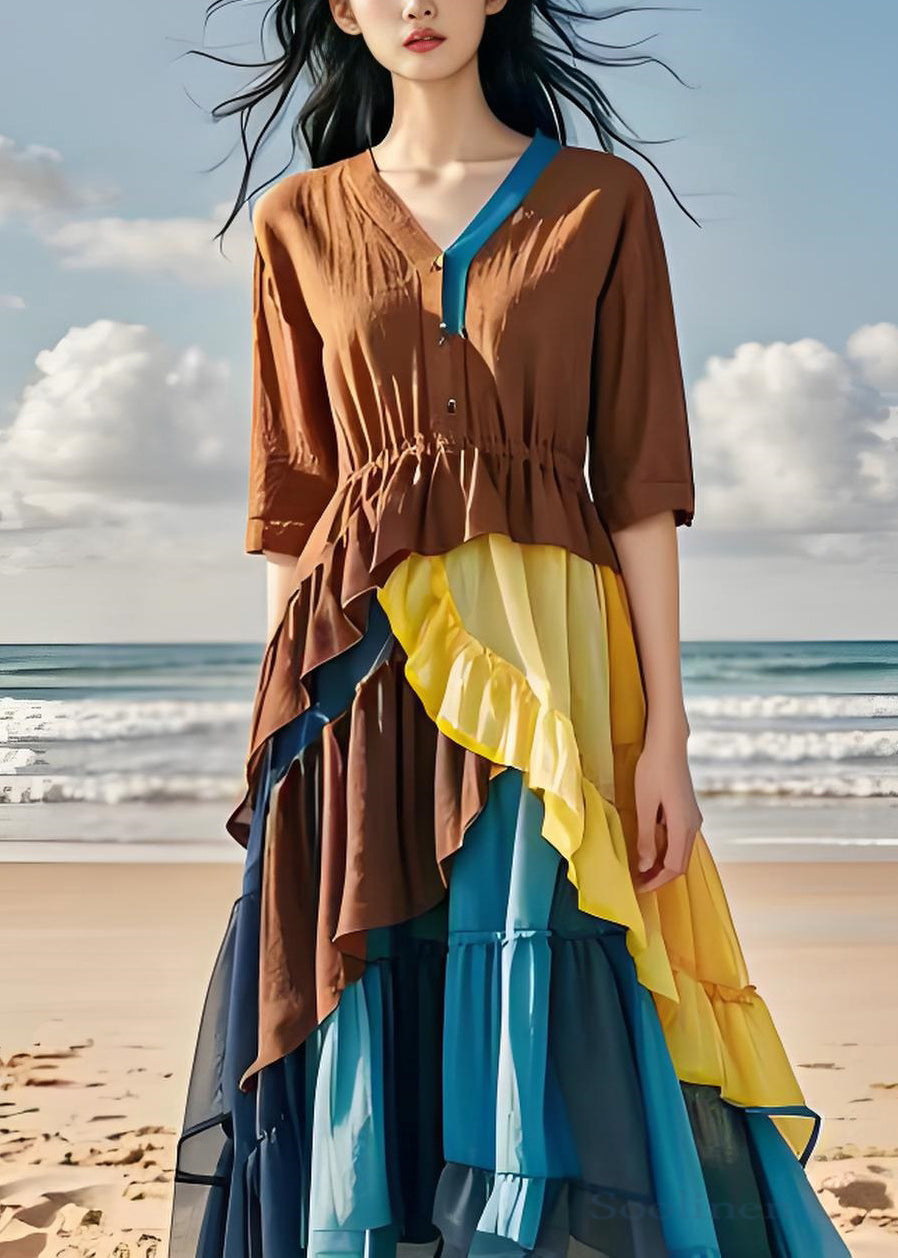 Colorblock Ruffled Chiffon Patchwork Cotton Dress Summer