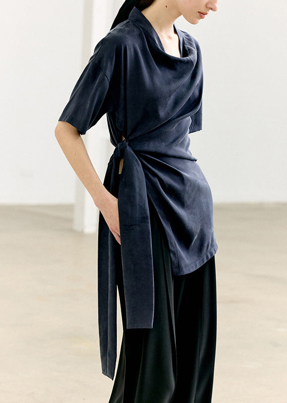 Navy Lace Up Side Open Silk T Shirts Summer
