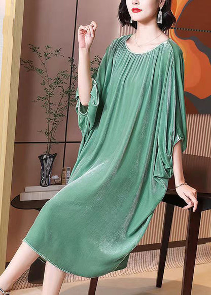 Light Green O Neck Patchwork Silk Velour Dresses Batwing Sleeve