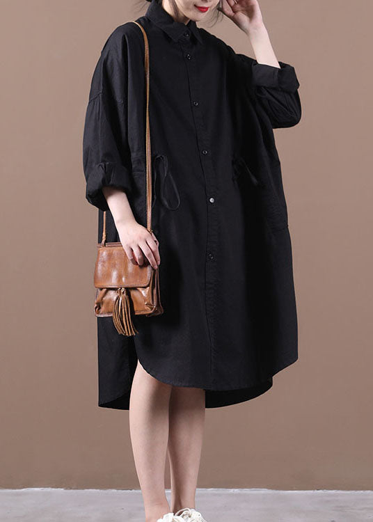 Black Pockets Cotton Loose Shirt Dresses Color Drawstring Long Sleeve