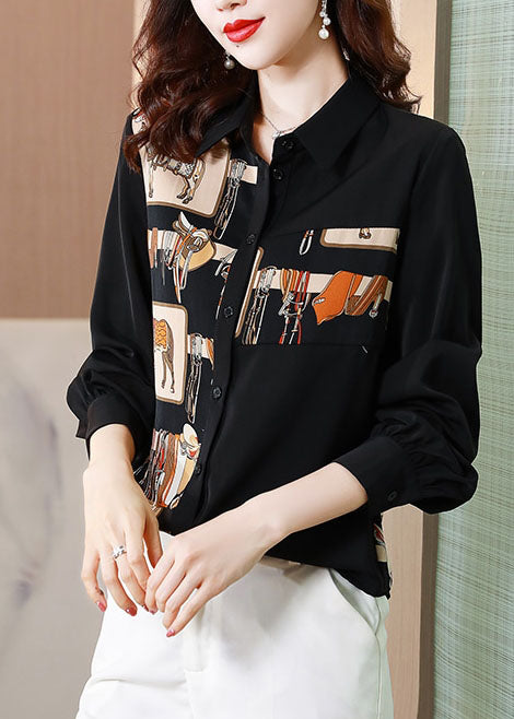 Natural Black Long Sleeve Patchwork Spring Shirt Tops