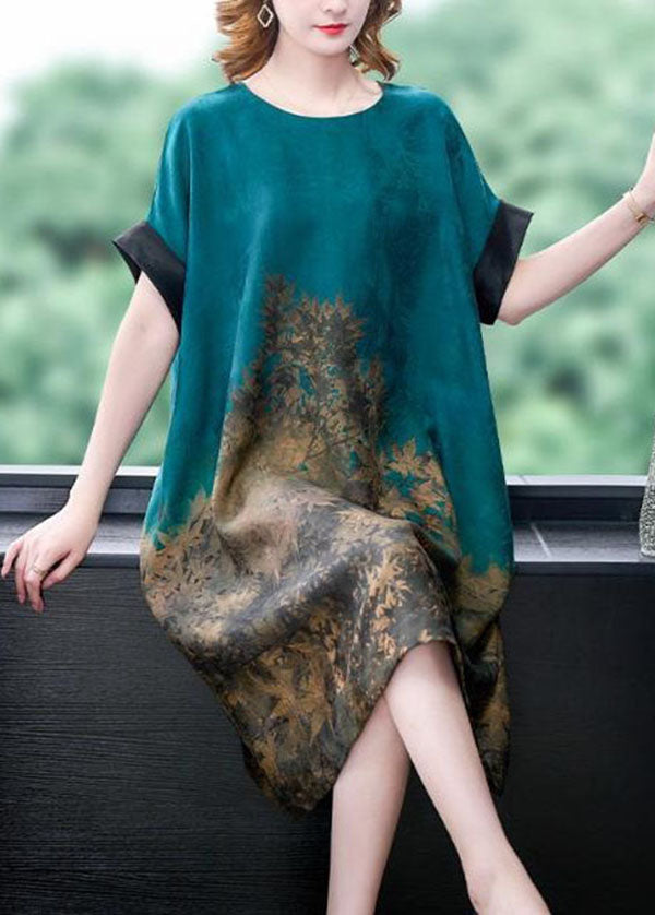 Blue O Neck Print Patchwork Silk Dress Summer