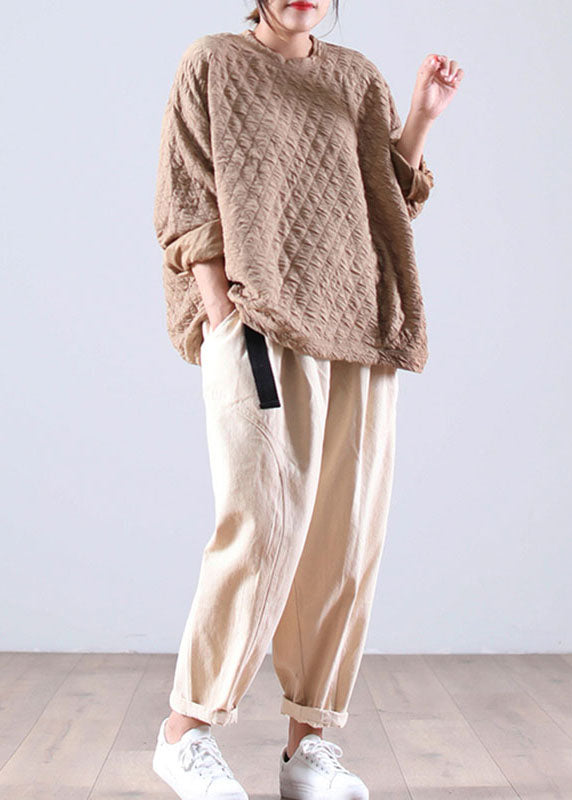 Khaki Loose O-neck Fall Sweatshirt