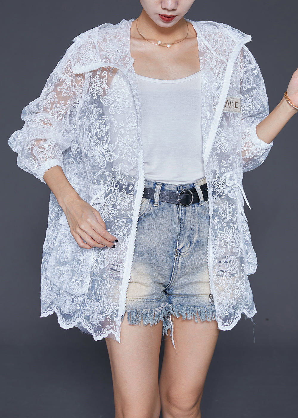 White Embroideried Drawstring Pockets Cotton Coat Outwear Fall