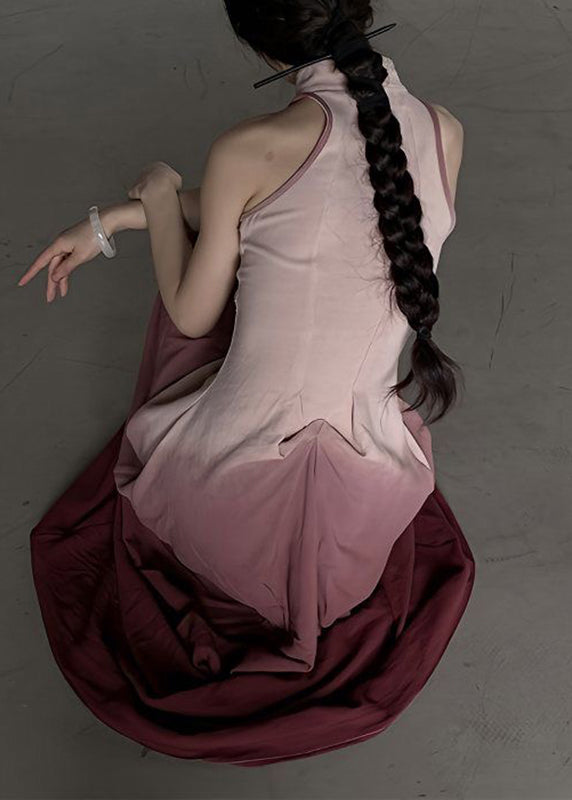 Gradient Color Stand Collar Patchwork Slim Maxi Dress Sleeveless