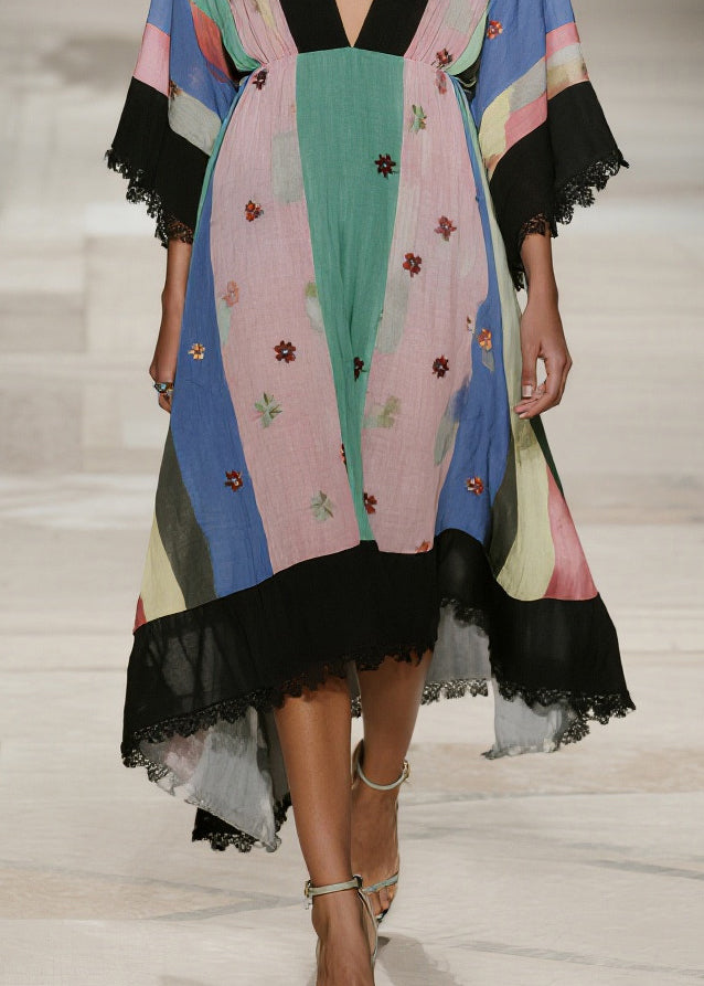 Classy Colorblock V Neck Patchwork Lace Cotton Robe Dress Summer