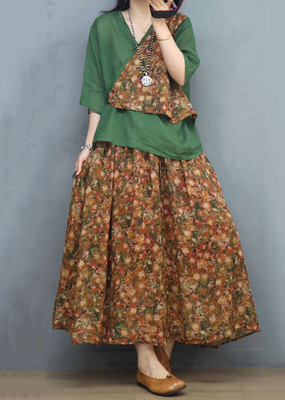 Green Lace Up Patchwork Cotton Two Piece Set V Neck Half Sleeve
