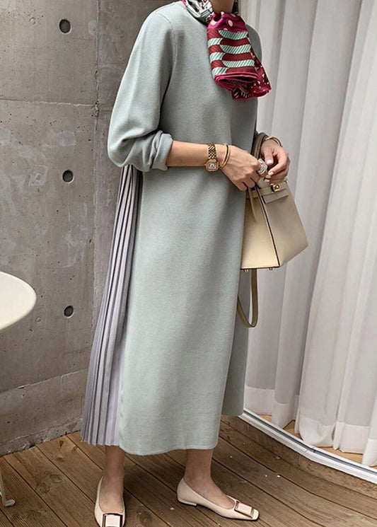 Light Green Wrinkled Patchwork Cotton Winter Sweatshirt Dresses O Neck