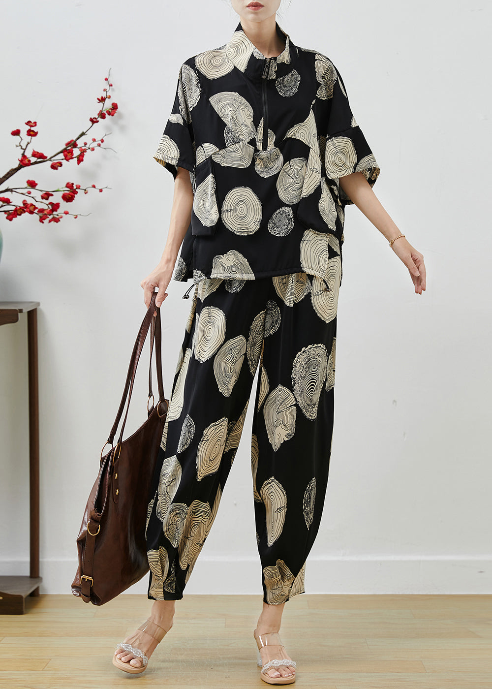 Black Oversized Print Chiffon Two Piece Set Summer
