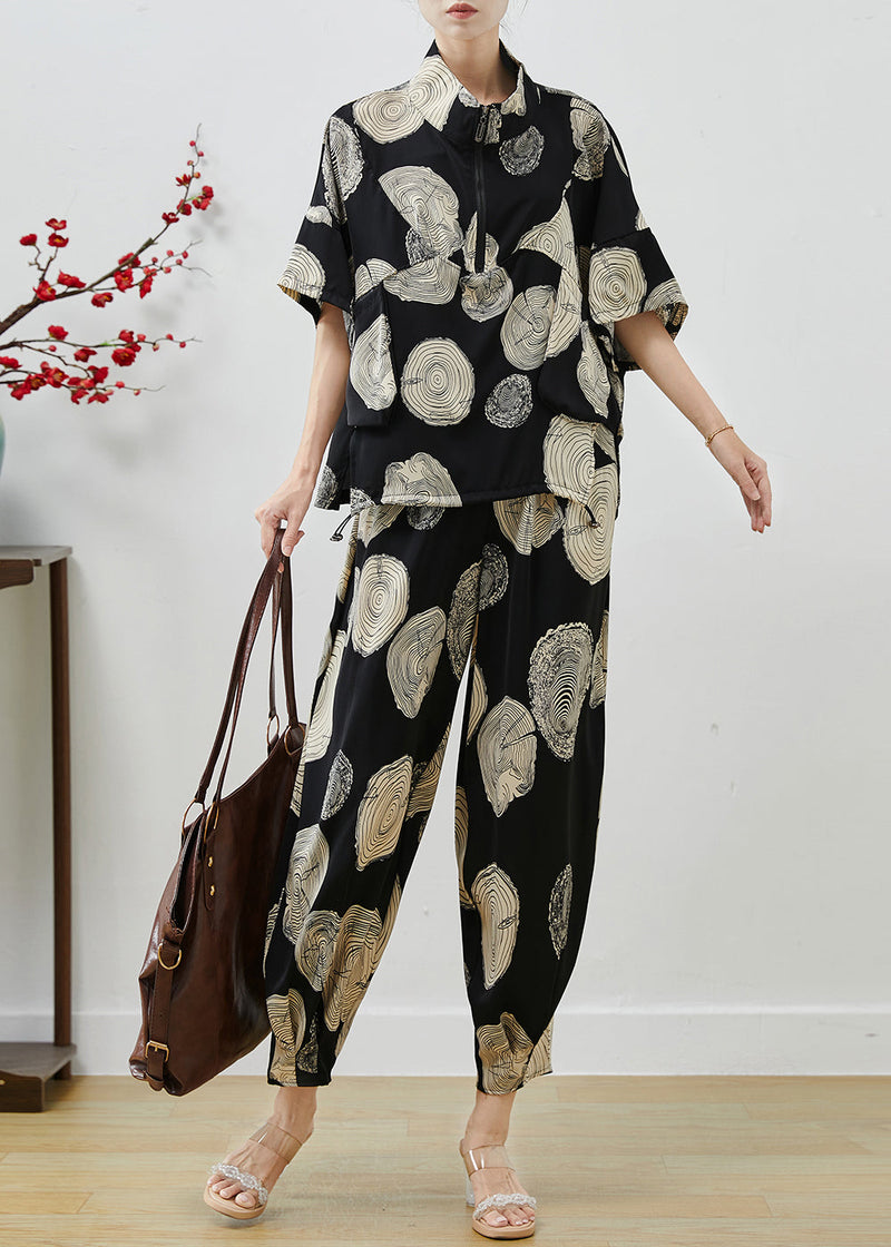 Black Oversized Print Chiffon Two Piece Set Summer