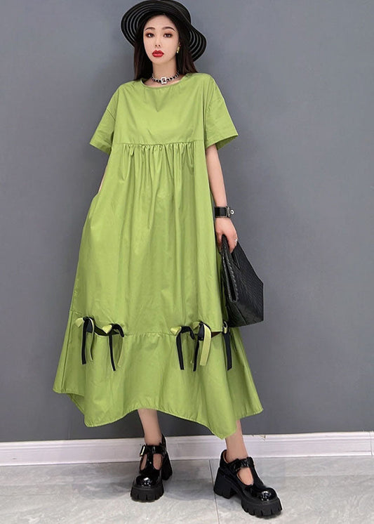 Green Patchwork Cotton Loose Dresses Ruffles Short Sleeve