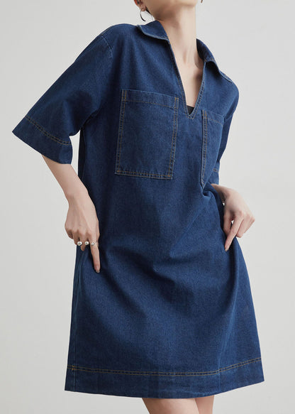 Blue Peter Pan Collar Pockets Denim T Shirt Dresses Summer