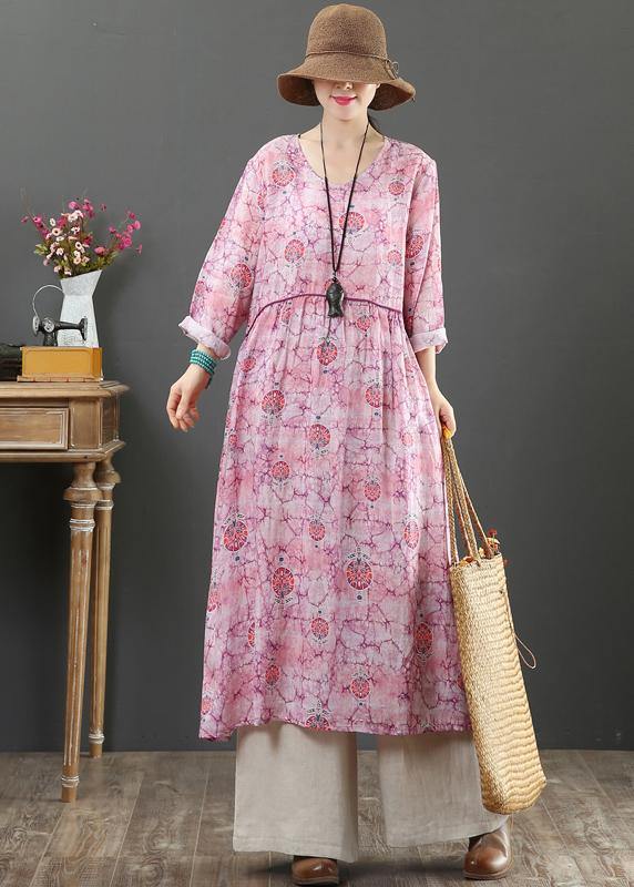 O Neck Cinched Spring Tunics Photography Pink Print Maxi Dresses
