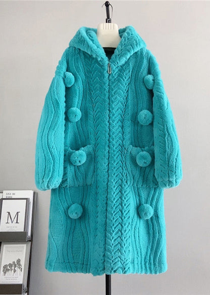 Loose Beige Zip Up Fuzzy Ball Decorated Mink Velvet Hoodie Coat Winter