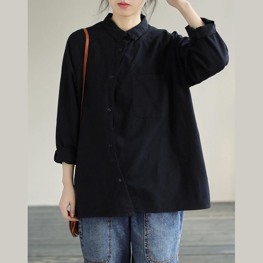 Modern Lapel Pockets Spring Clothes Pattern Black Blouses