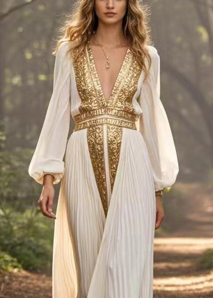 White V Neck Patchwork Chiffon Pleated Dress Spring
