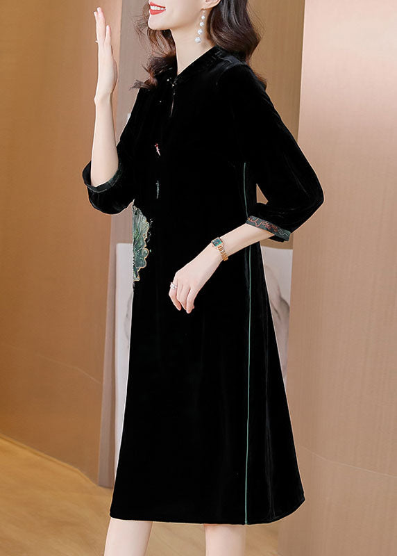 Black O-neckpockets Button Silk Velour Long Dresses Bracelet Sleeve
