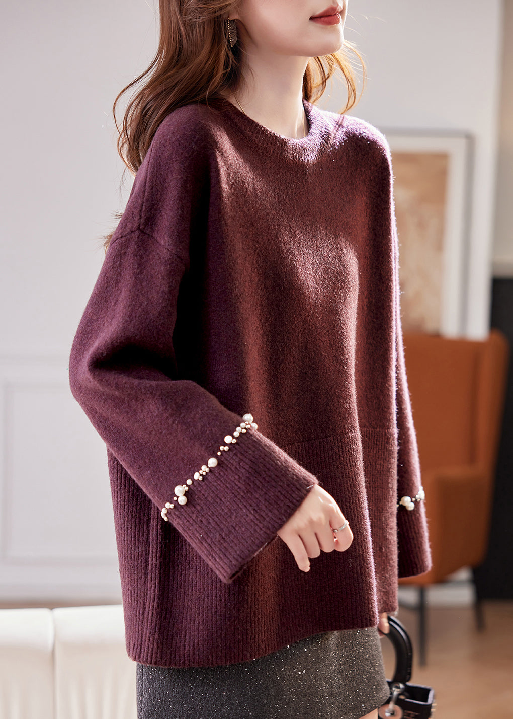 Stylish Purple O-neck Cozy Thick Cotton Knit Sweater Batwing Sleeve